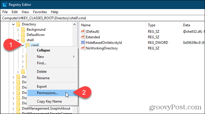 Pravým tlačidlom myši kliknite na kľúč databázy Registry a vyberte položku Povolenia v editore databázy Registry systému Windows