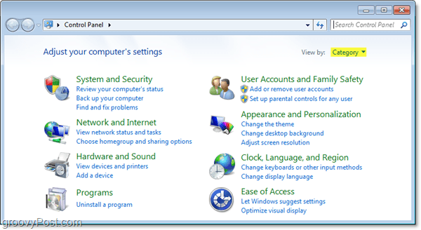 Windows 7 Ovládací panel v zobrazení kategórií