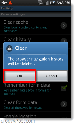 potvrďte vymazanie histórie navigácie v prehliadači telefónu s Androidom