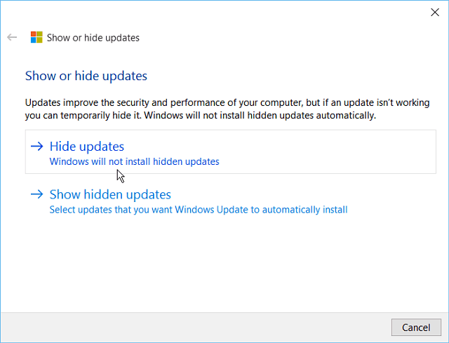 Skryť nástroj na aktualizáciu systému Windows 10