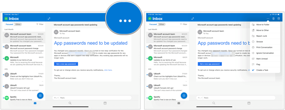 Rýchle akcie pre Microsoft Outlook pre iPad