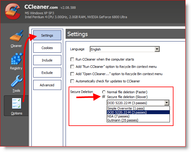 Nakonfigurujte CCleaner tak, aby bezpečne vymazal a vymazal súbory trikrát alebo DOD 5220.22-M