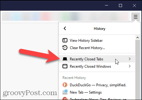 V prehliadači Firefox vyberte položku Nedávno zatvorené karty