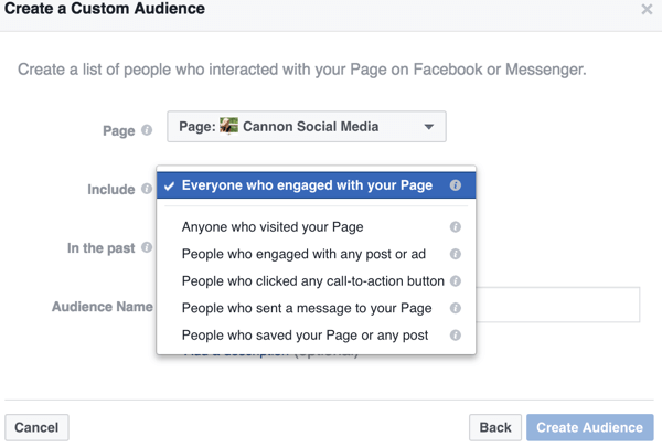 Keď zúžite možnosti pre svoje vlastné publikum na Facebooku, nájdete konkrétne spôsoby, ako definovať publikum, na ktoré chcete zacieliť, napríklad tieto interakcie týkajúce sa jednotlivých stránok.