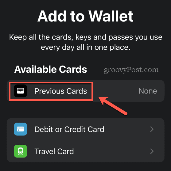 predchádzajúce karty aplikácie peňaženka