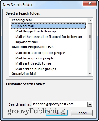 Nové vyhľadávacie priečinky programu Outlook 2013
