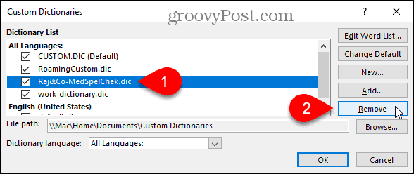 Odstráňte vlastný slovník z aplikácie Word