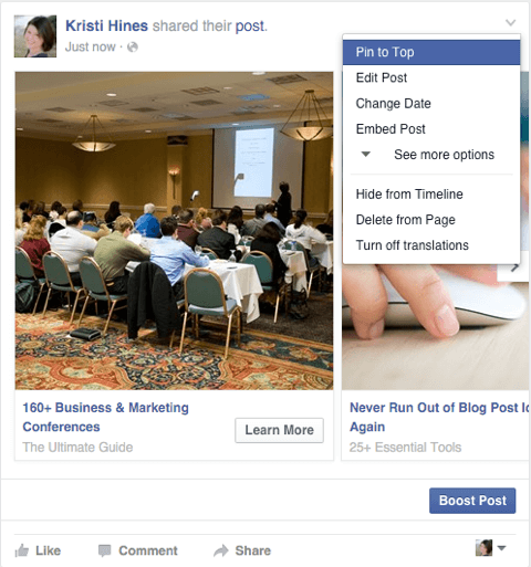 facebookový karuselový inzerát zdieľaný ako príspevok na stránke s funkciou pripínania