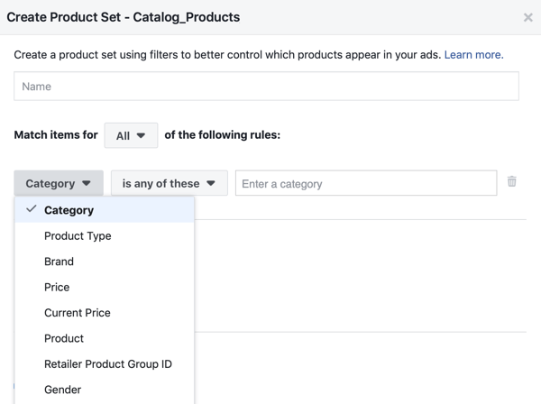 Pomocou nástroja Facebook Event Setup Tool, krok 28, možnosť ponuky Facebook, môžete použiť filtre, na ktoré sa produkty zobrazujú zákazníkom