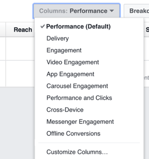 Kliknutím na rozbaľovací zoznam Stĺpce zobrazíte možnosti, ako zmeniť stĺpce, ktoré vidíte v Správcovi reklám Facebook.