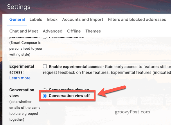 Zakázať zobrazenie konverzácie v nastaveniach Gmailu