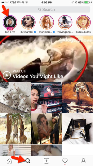 Instagram tiež zobrazuje aktuálne živé videá na karte Preskúmať.