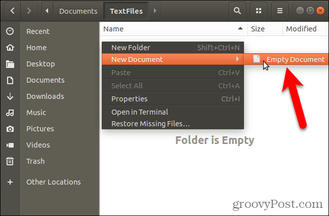Vytvorte nový, prázdny dokument v aplikácii Nautilus v Ubuntu Linux