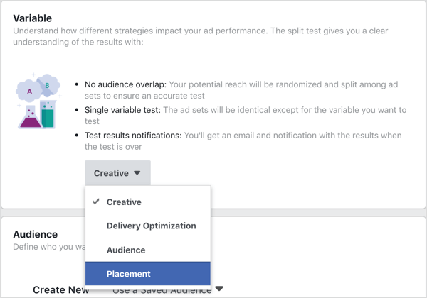 Ako premennú vyberte umiestnenie, ktoré chcete otestovať pomocou testu rozdelenia na Facebook