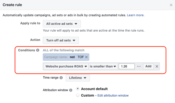 Používajte automatické pravidlá Facebooku, zastavte nastavovanie reklám, keď ROAS klesne pod minimum, krok 3, nastavenie podmienok
