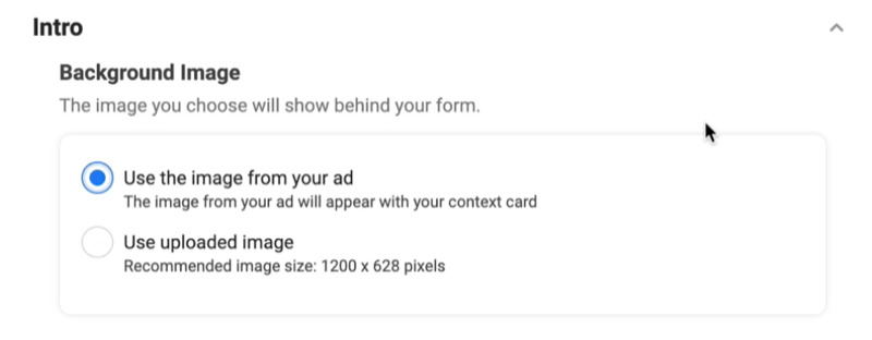 Reklamy na facebooku vedú k vytvoreniu novej možnosti formulára na potenciálne použitie obrázka na pozadí s vybratým použitím obrázka z vašej reklamy