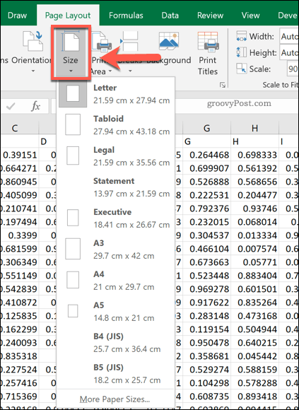 Možnosti veľkosti stránky Excel