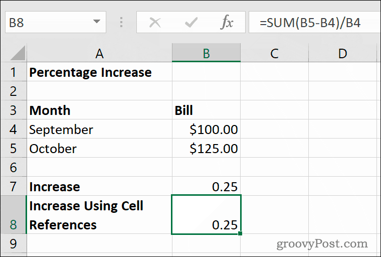 Príklad zvýšenia percenta v programe Microsoft Excel