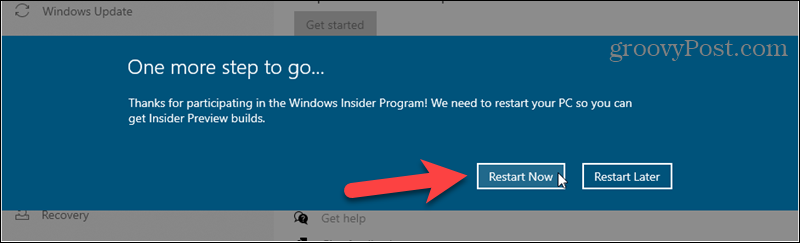 Reštartovaním dokončíte registráciu pre zostavy programu Windows Insider