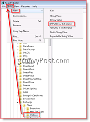 Editor databázy Registry systému Windows umožňujúci obnovenie e-mailov v doručenej pošte pre Outlook 2007 Dword