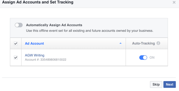 Facebook môže automaticky priradiť reklamné účty k vašej offline udalosti alebo ich môžete priradiť sami manuálne.