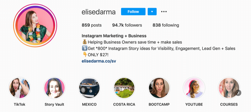 Instagramový profil Elise Darma