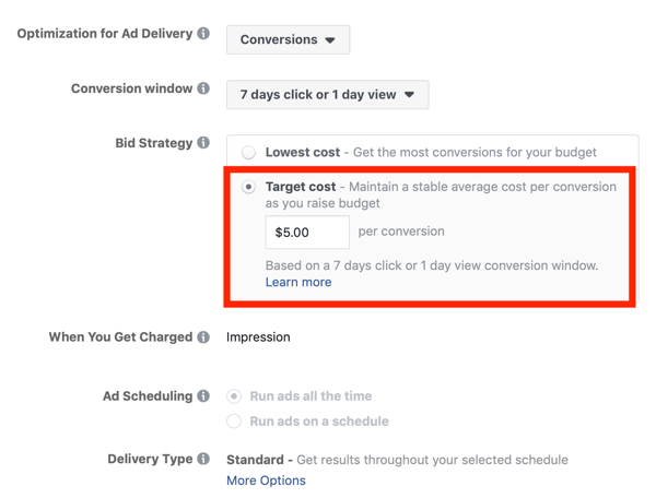 Tipy na zníženie vašich nákladov na reklamu na Facebooku, možnosť nastavenia stratégie ponúkania cien tak, aby boli cieľové náklady