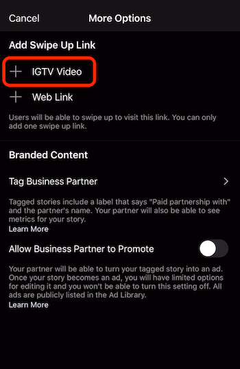 možnosť pridať odkaz na prst na video IGTV