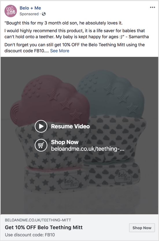 Táto reklama na Facebooku využíva prezentačné video na podporu zľavy na konkrétny produkt.