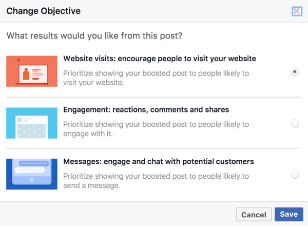 Objektívne možnosti pre vylepšené príspevky sú založené na médiách použitých vo vašom príspevku na Facebooku.