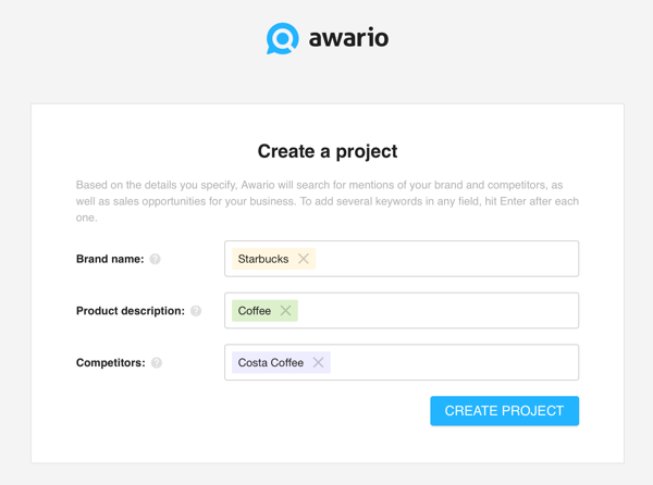 Ako používať Awario na počúvanie na sociálnych sieťach, krok 1 vytvorte projekt.