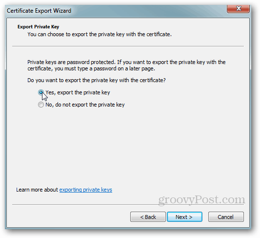 Export certifikátov systému Windows - súkromný kľúč Áno