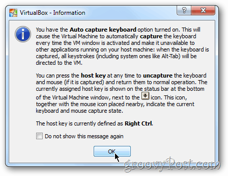 Varovanie VirtualBox Windows 8 na klávesnici