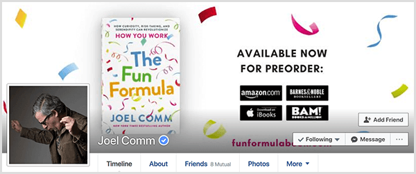 Na facebookovom profile Joela Comma je fotka Joela zboku s rukami vo vzduchu, akoby tancoval. Titulná fotografia zobrazuje obálku The Fun Formula a podrobnosti o predobjednávaní knihy.