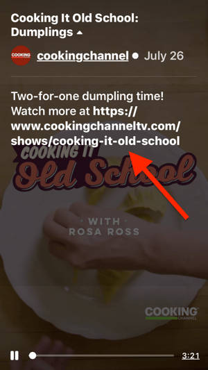 Príklad klikateľného odkazu na video v popise epizódy IGTV relácie Cooking It Old School „Dumplings“.