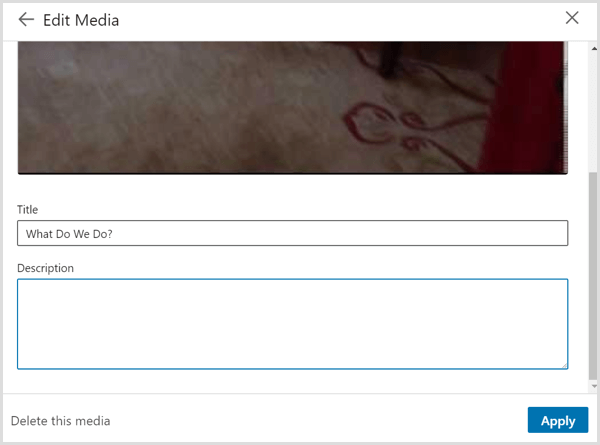 Dialógové okno Upraviť médiá, ktoré sa zobrazí po prepojení videa v profile LinkedIn