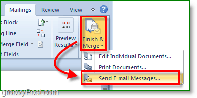 Snímka obrazovky programu Outlook 2010 – dokončite a zlúčte a odošlite e-mailové správy