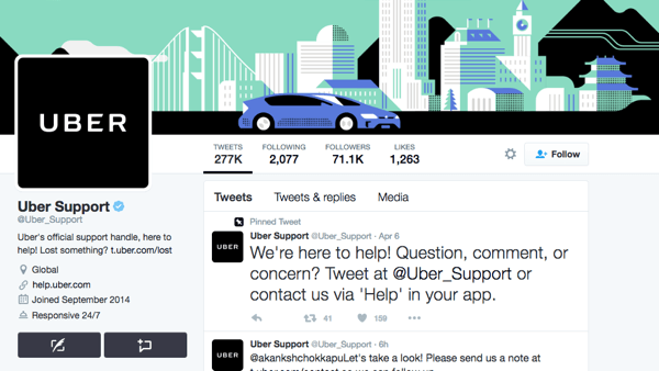 Uber má pre podporu Uber samostatný popisovač na Twitteri.