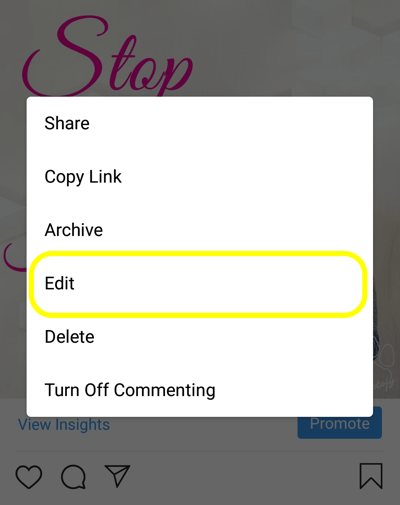 Ako pridať alternatívny text k príspevkom na Instagrame, krok 5, upraviť možnosť príspevku. 