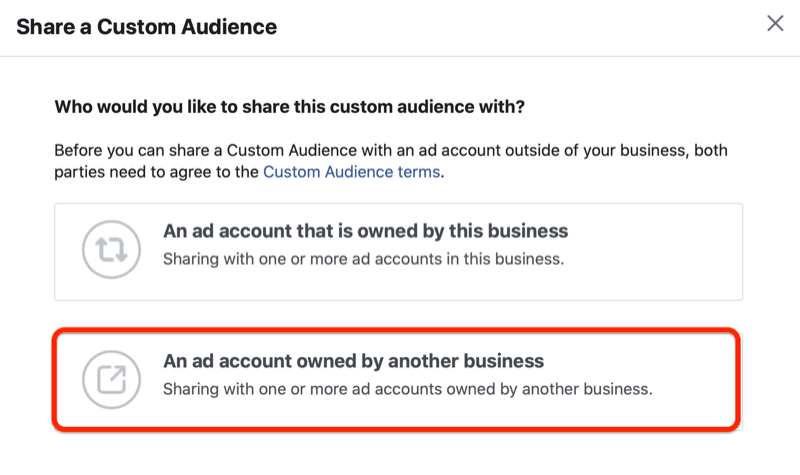 správca reklám facebook zdieľa ponuku vlastného publika so zvýraznenou možnosťou „reklamný účet vlastnený inou spoločnosťou“