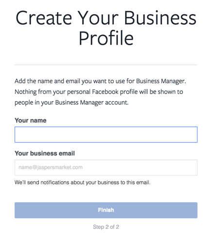 Zadajte svoje meno a pracovný e-mail a dokončite nastavenie svojho účtu Facebook Business Manager.