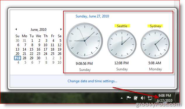 Microsoft Windows 7 zobrazujúci ďalšie hodiny v rôznych časových pásmach